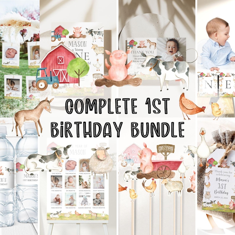Pode incluir: Um conjunto completo para o 1&ordm; anivers&aacute;rio com tema de fazenda. O conjunto inclui convites, decora&ccedil;&otilde;es e adere&ccedil;os fotogr&aacute;ficos com ilustra&ccedil;&otilde;es de animais de fazenda, um celeiro vermelho e o texto "COMPLETE 1ST BIRTHDAY BUNDLE".