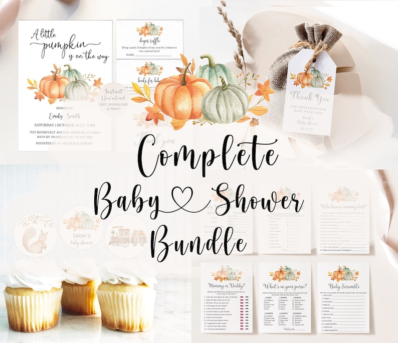 Pumpkin Baby Shower Bundle, Pumpkin Baby Shower, Pumpkin Baby Shower Invitation, Pumpkin Baby Shower Games, Fall Baby Shower image 1