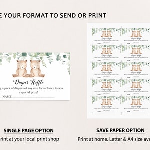 May include: Printable diaper raffle ticket with a watercolor illustration of two brown bears with green leaves. The text reads "Diaper Raffle" and "Bring a pack of diapers of any size for a chance to win a special prize!" with a line for the guest's name.