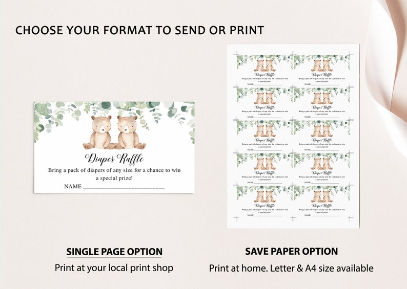 May include: Printable diaper raffle ticket with a watercolor illustration of two brown bears with green leaves. The text reads "Diaper Raffle" and "Bring a pack of diapers of any size for a chance to win a special prize!" with a line for the guest's name.