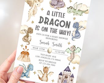 May include: A baby shower invitation featuring watercolor illustrations of dragons, clouds, and stars. The text "A Little Dragon is on the Way!" is prominently displayed, along with event details, including the date, time, and location.