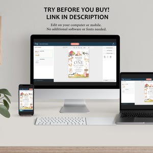 Pode incluir: Um computador de mesa, um laptop e um smartphone exibem um convite digital com tema de animais de fazenda. O convite diz "MAKE ONE" e inclui ilustra&ccedil;&otilde;es de um celeiro, um porco, uma vaca e outros animais de fazenda. O texto "TRY BEFORE YOU BUY! LINK IN DESCRIPTION" est&aacute; no topo.