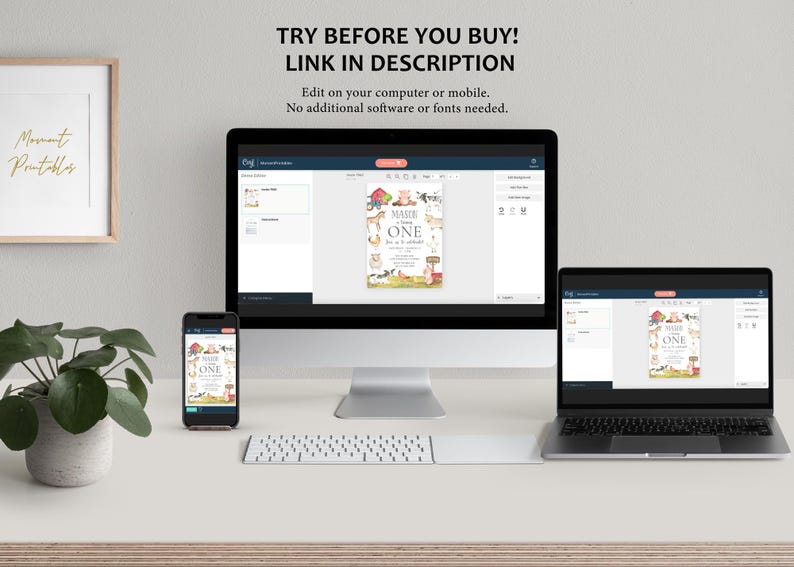 Pode incluir: Um computador de mesa, um laptop e um smartphone exibem um convite digital com tema de animais de fazenda. O convite diz "MAKE ONE" e inclui ilustra&ccedil;&otilde;es de um celeiro, um porco, uma vaca e outros animais de fazenda. O texto "TRY BEFORE YOU BUY! LINK IN DESCRIPTION" est&aacute; no topo.