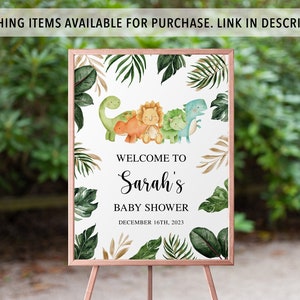 Puede incluir: Bienvenido a la fiesta de bienvenida al beb&eacute; de Sarah con un dise&ntilde;o de hojas tropicales verdes, marrones y doradas. El cartel presenta un grupo de dinosaurios de dibujos animados con un mensaje de bienvenida y la fecha 16 de diciembre de 2023.