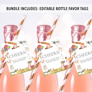 May include: Three miniature bottles of pink champagne with gold and white striped straws. Each bottle has a white tag with a farm animal theme and the text "CHEERS! ENJOY A TOAST WHEN OUR BABY ARRIVES!"