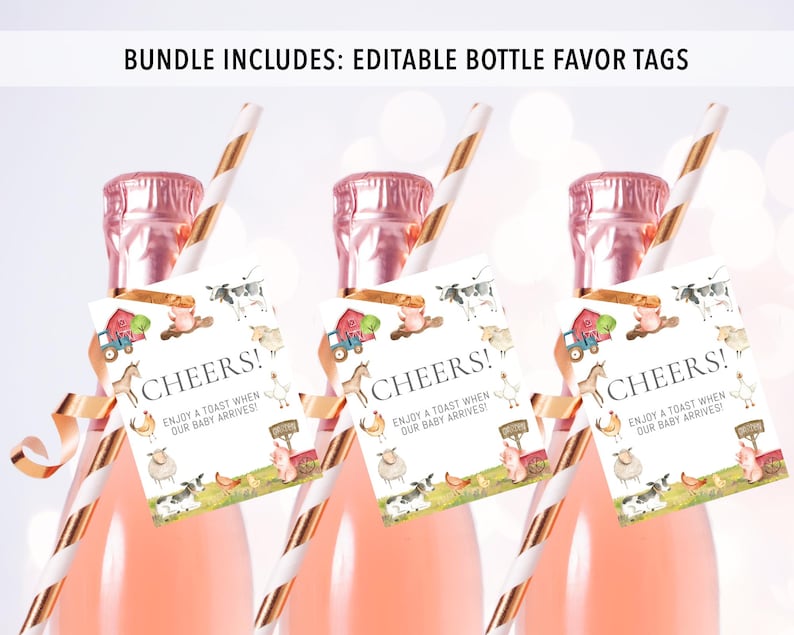 May include: Three miniature bottles of pink champagne with gold and white striped straws. Each bottle has a white tag with a farm animal theme and the text "CHEERS! ENJOY A TOAST WHEN OUR BABY ARRIVES!"