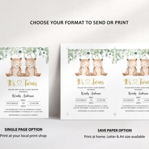 May include: Two printable baby shower invitations featuring a watercolor illustration of two brown bears with a heart between them. The text on the invitation reads "It's Twins" and includes the date, time, and location of the shower. The invitations are available in two formats: single page and save paper.