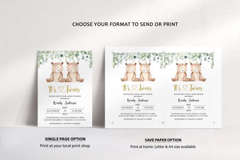 May include: Two printable baby shower invitations featuring a watercolor illustration of two brown bears with a heart between them. The text on the invitation reads "It's Twins" and includes the date, time, and location of the shower. The invitations are available in two formats: single page and save paper.