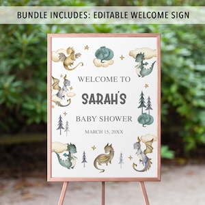 May include: A white welcome sign with a brown frame features a watercolor illustration of dragons and stars. The text on the sign reads "Welcome to Sarah's Baby Shower March 15, 20XX".