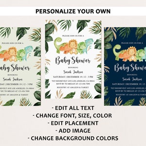Puede incluir: Tres invitaciones de baby shower con tem&aacute;tica de la jungla. Cada invitaci&oacute;n presenta un fondo verde, azul o blanco con una ilustraci&oacute;n de acuarela de dinosaurios y un le&oacute;n. El texto de cada invitaci&oacute;n dice "Por favor, &uacute;nase a nosotros para una Baby Shower en honor a Sarah Jackson" con la fecha, la hora y la ubicaci&oacute;n del evento.