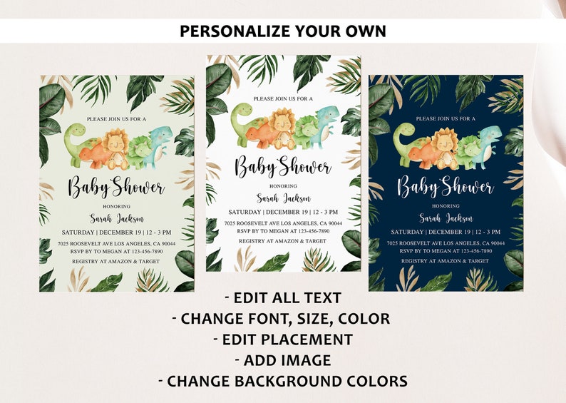 Puede incluir: Tres invitaciones de baby shower con tem&aacute;tica de la jungla. Cada invitaci&oacute;n presenta un fondo verde, azul o blanco con una ilustraci&oacute;n de acuarela de dinosaurios y un le&oacute;n. El texto de cada invitaci&oacute;n dice "Por favor, &uacute;nase a nosotros para una Baby Shower en honor a Sarah Jackson" con la fecha, la hora y la ubicaci&oacute;n del evento.