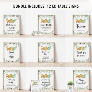 May include: Twelve printable signs featuring a watercolor illustration of a family of dinosaurs with green foliage. The signs include text such as "Babies are Sweet", "Diaper Raffle", "Favors", "Cards & Gifts", "Mom-osa Bar", "Thank you for coming", "Don't say baby", "Advice for the parents", and "Baby Succulent".