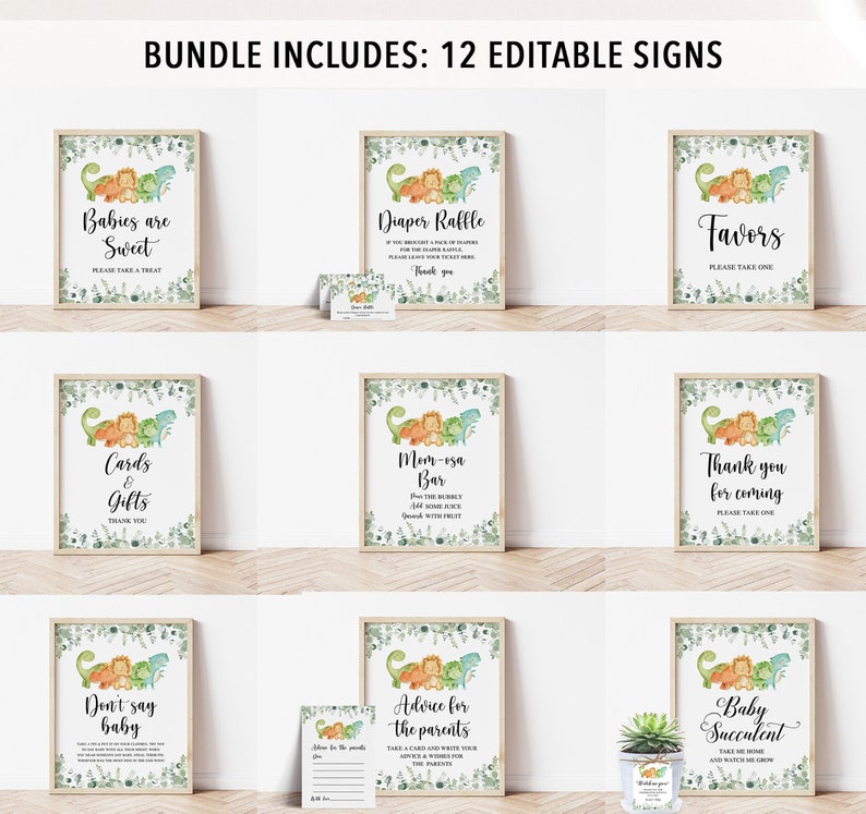 May include: Twelve printable signs featuring a watercolor illustration of a family of dinosaurs with green foliage. The signs include text such as "Babies are Sweet", "Diaper Raffle", "Favors", "Cards & Gifts", "Mom-osa Bar", "Thank you for coming", "Don't say baby", "Advice for the parents", and "Baby Succulent".
