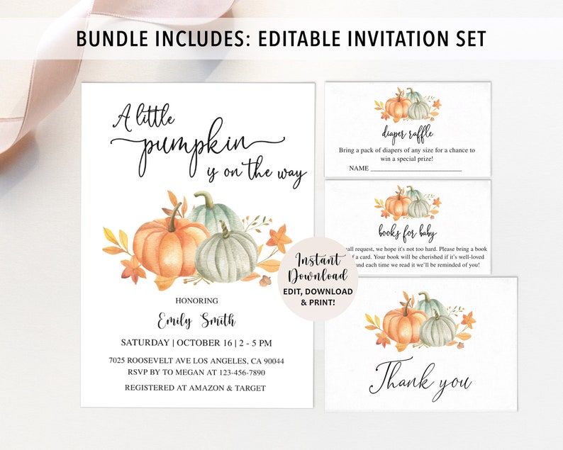 Pumpkin Baby Shower Bundle, Pumpkin Baby Shower, Pumpkin Baby Shower Invitation, Pumpkin Baby Shower Games, Fall Baby Shower image 2