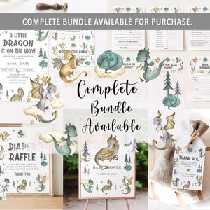 May include: A complete baby shower bundle featuring a dragon theme. The bundle includes invitations, games, a diaper raffle sign, a thank you tag, and a welcome sign. The designs feature watercolour illustrations of dragons, stars, and clouds in shades of blue, green, and gold.