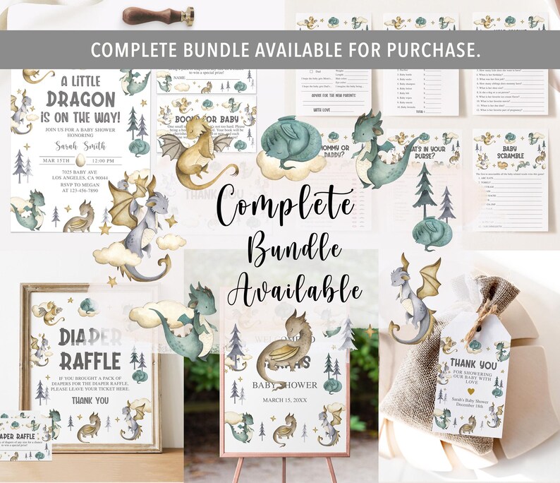 May include: A complete baby shower bundle featuring a dragon theme. The bundle includes invitations, games, a diaper raffle sign, a thank you tag, and a welcome sign. The designs feature watercolour illustrations of dragons, stars, and clouds in shades of blue, green, and gold.