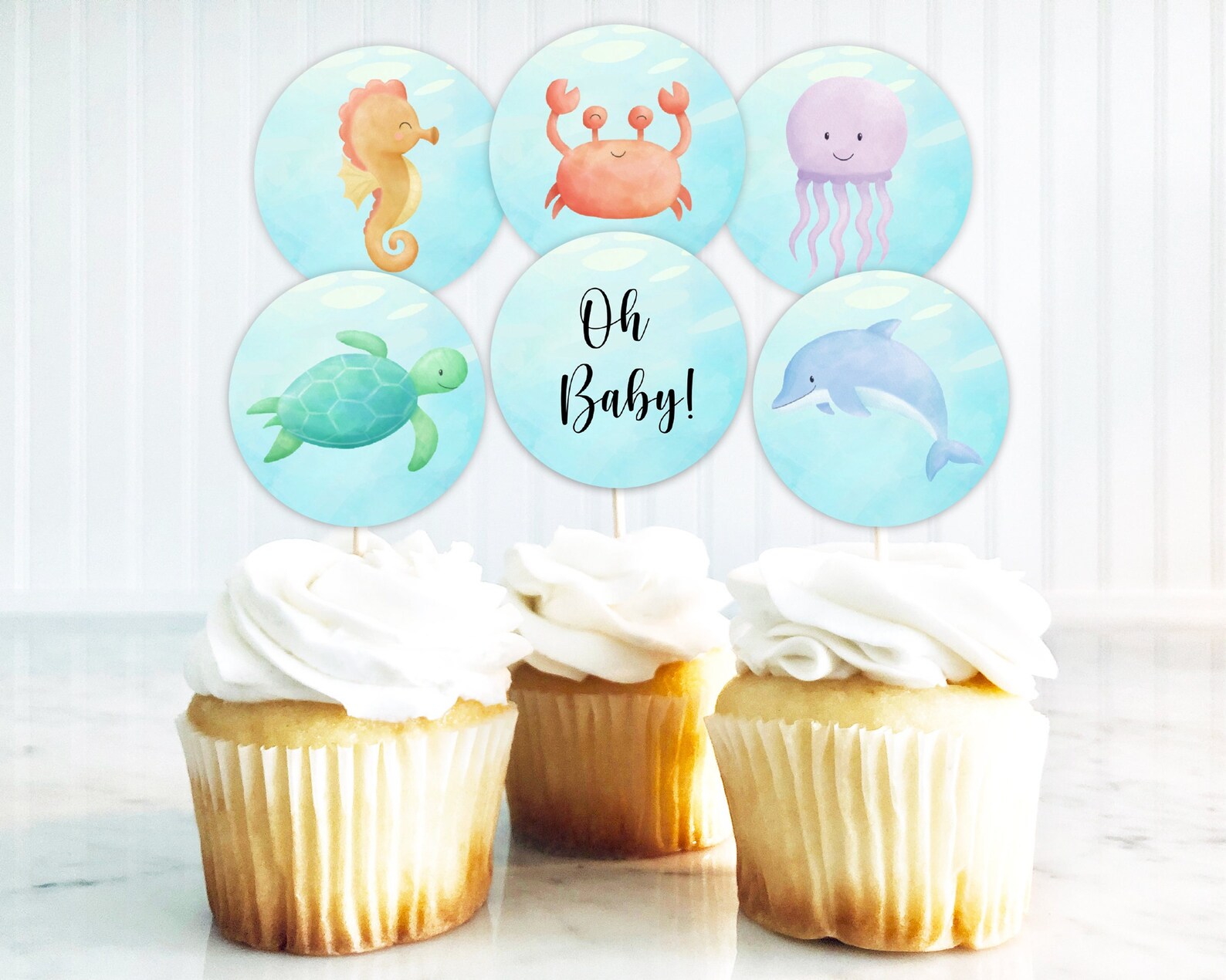 Editable Baby Shower Cupcake Toppers Sea Creature Baby Shower Etsy