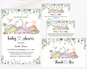May include: A baby shower stationery set with a dinosaur theme. The invitation includes details for Sarah Jenson's baby shower, with RSVP information and registry details. Additional cards include diaper raffle and book request information. Dinosaurs in pastel colours.
