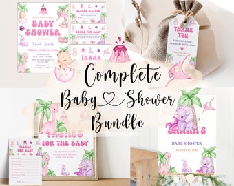 May include: A complete baby shower bundle with a pink and purple dinosaur theme. The bundle includes invitations, thank you tags, a welcome sign, a wishes for the baby card, and a diaper raffle card.