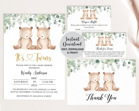 Twins Baby Shower Set, Twins Baby Shower Invitation, Twins Baby Shower Invite, Twins Bear Baby Shower, It's Twins, Twin Baby Shower