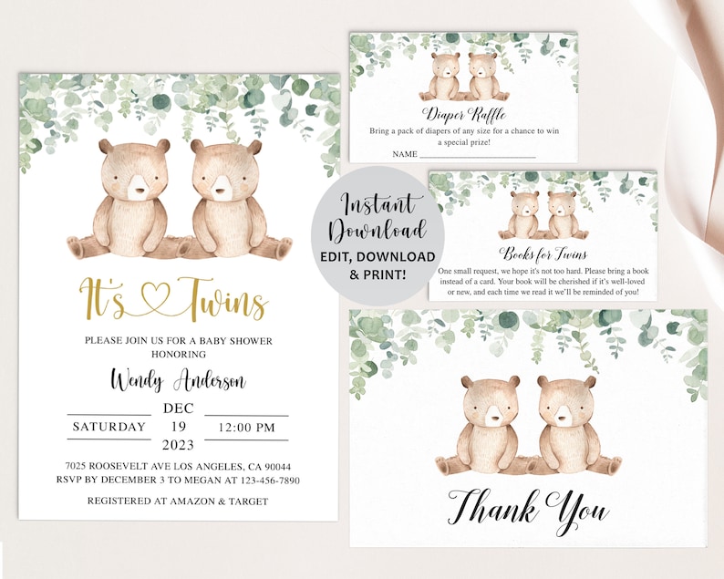 May include: It's Twins baby shower invitation with a watercolor illustration of two brown bears sitting on a log. The invitation is decorated with green eucalyptus leaves and has gold text. The text includes the date, time, and location of the shower, as well as the name of the honoree, Wendy Anderson. The invitation also includes the RSVP information and the registry information.
