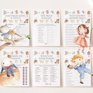 14 barnkammarspel med babyshower, sagobokslekar, sagospel med babyshower, Humpty Dumpty, lilla Bo Peep-lekar med babyshower