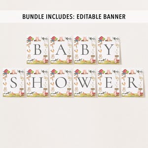 May include: Editable banner for a baby shower with a farm animal theme. The banner says "BABY SHOWER" with each letter on a separate card. The cards are decorated with farm animals, including pigs, cows, chickens, and horses.