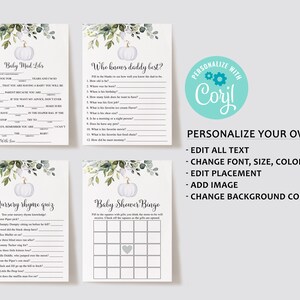 Może przedstawiać: Zestaw gier na baby shower z białym dyniowym i kwiatowym wzorem. Gry obejmują "Baby Mad Libs", "Who Knows Daddy Best?", "Nursery Rhyme Quiz" i "Baby Shower Bingo". Tekst "Personalize with Corjl" jest r&oacute;wnież dołączony.