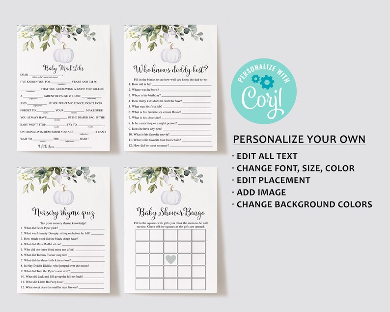 Może przedstawiać: Zestaw gier na baby shower z białym dyniowym i kwiatowym wzorem. Gry obejmują "Baby Mad Libs", "Who Knows Daddy Best?", "Nursery Rhyme Quiz" i "Baby Shower Bingo". Tekst "Personalize with Corjl" jest r&oacute;wnież dołączony.