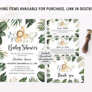 May include: A set of baby shower stationery featuring watercolor illustrations of a rhino, lion, giraffe, and elephant surrounded by green and gold tropical leaves. The cards include text for event details, a diaper raffle, books for baby, and thank you.