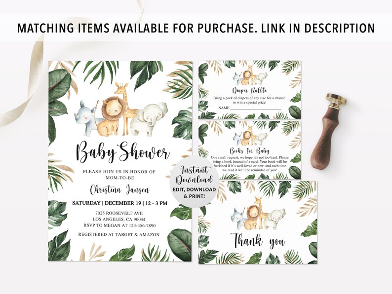 May include: A set of baby shower stationery featuring watercolor illustrations of a rhino, lion, giraffe, and elephant surrounded by green and gold tropical leaves. The cards include text for event details, a diaper raffle, books for baby, and thank you.