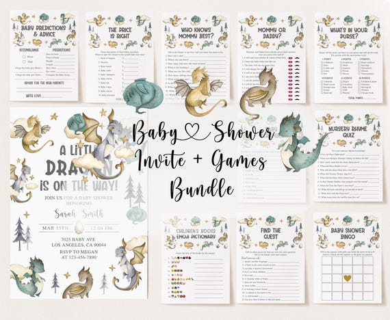 Dragon Baby Shower Bundle, Baby Dragon Baby Shower, Dragon Baby Shower Games, Little Dragon Baby Shower Games, Boy Baby Shower Bundle