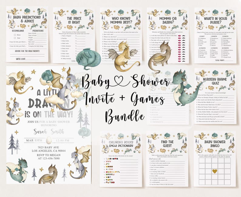 May include: A baby shower invitation and game bundle featuring a dragon theme. The invitation depicts a charming cartoon dragon in a light blue and green colour scheme. The games include a nursery rhyme quiz, a price is right game, a mummy or daddy game, a baby shower bingo game, and a find the guest game.