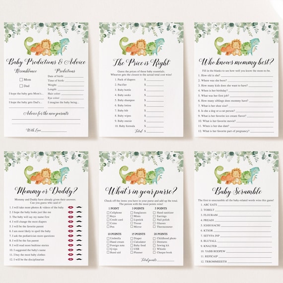 14 Dinosaur Baby Shower Games, Dino Baby Shower Games, Dinosaur Baby Shower, Greenery Baby Shower Games, Boy Baby Shower Games