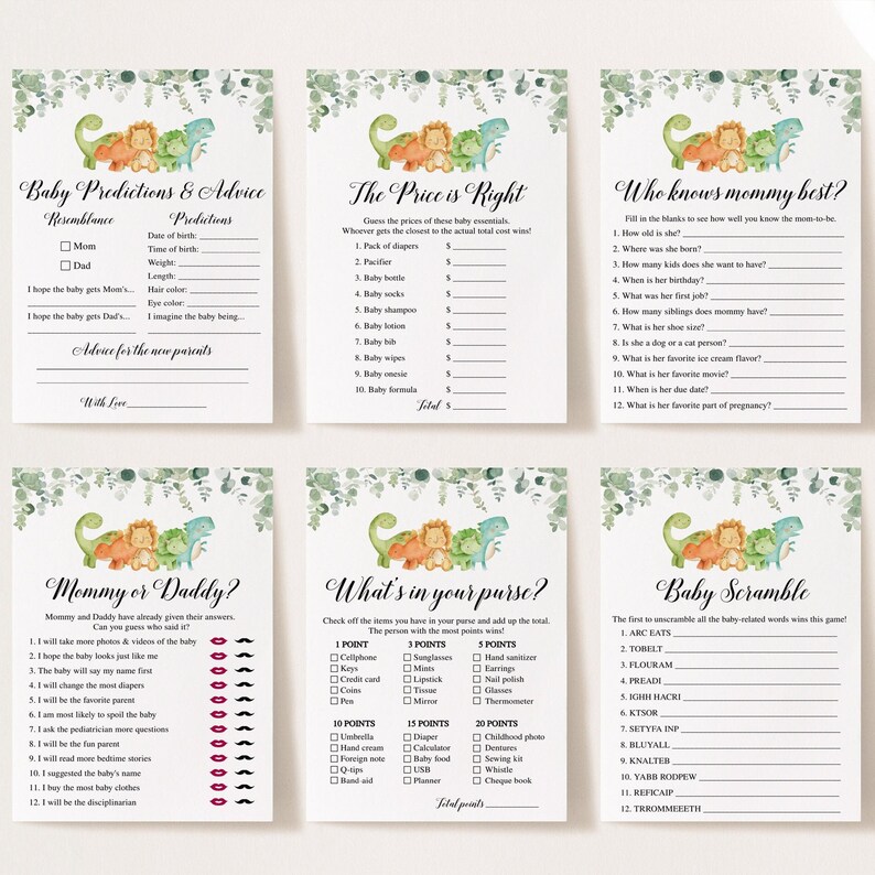 May include: A set of printable baby shower games featuring a jungle theme with dinosaurs and lions. The games include "Baby Predictions & Advice", "The Price is Right", "Who Knows Mommy Best?", "Mommy or Daddy?", "What's in Your Purse?", and "Baby Scramble".