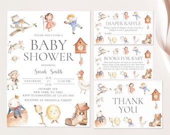 May include: A baby shower invitation with a watercolor illustration of a clock, a boot, a house, and other whimsical characters. The invitation is for Sarah Smith on June 17, 2028, at 12:00 PM. The address is 100 Baby Ave, New York, NY 10001. RSVP to Samantha at 123-456-7890. Registry at Amazon & Target.