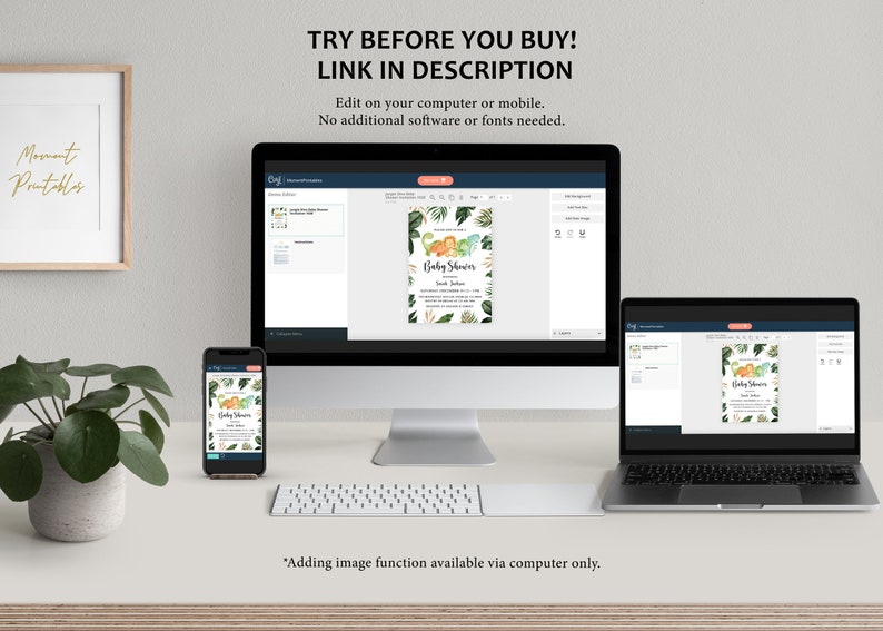 Puede incluir: Una pantalla de ordenador, un port&aacute;til y un tel&eacute;fono inteligente muestran todos una plantilla digital para una invitaci&oacute;n de baby shower. La invitaci&oacute;n presenta una ilustraci&oacute;n de acuarela de dinosaurios y hojas tropicales. El texto de la invitaci&oacute;n dice "Baby Shower".