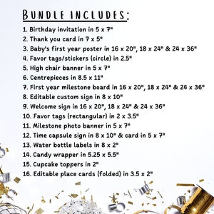 Pode incluir: Uma lista de artigos para festas, incluindo convites, cart&otilde;es de agradecimento, cartazes, etiquetas de lembrancinhas, banners, centros de mesa, quadros de marcos, letreiros personalizados, letreiros de boas-vindas, r&oacute;tulos de garrafas de &aacute;gua e toppers de cupcake. O texto diz "BUNDLE INCLUDES:" com dimens&otilde;es em polegadas.