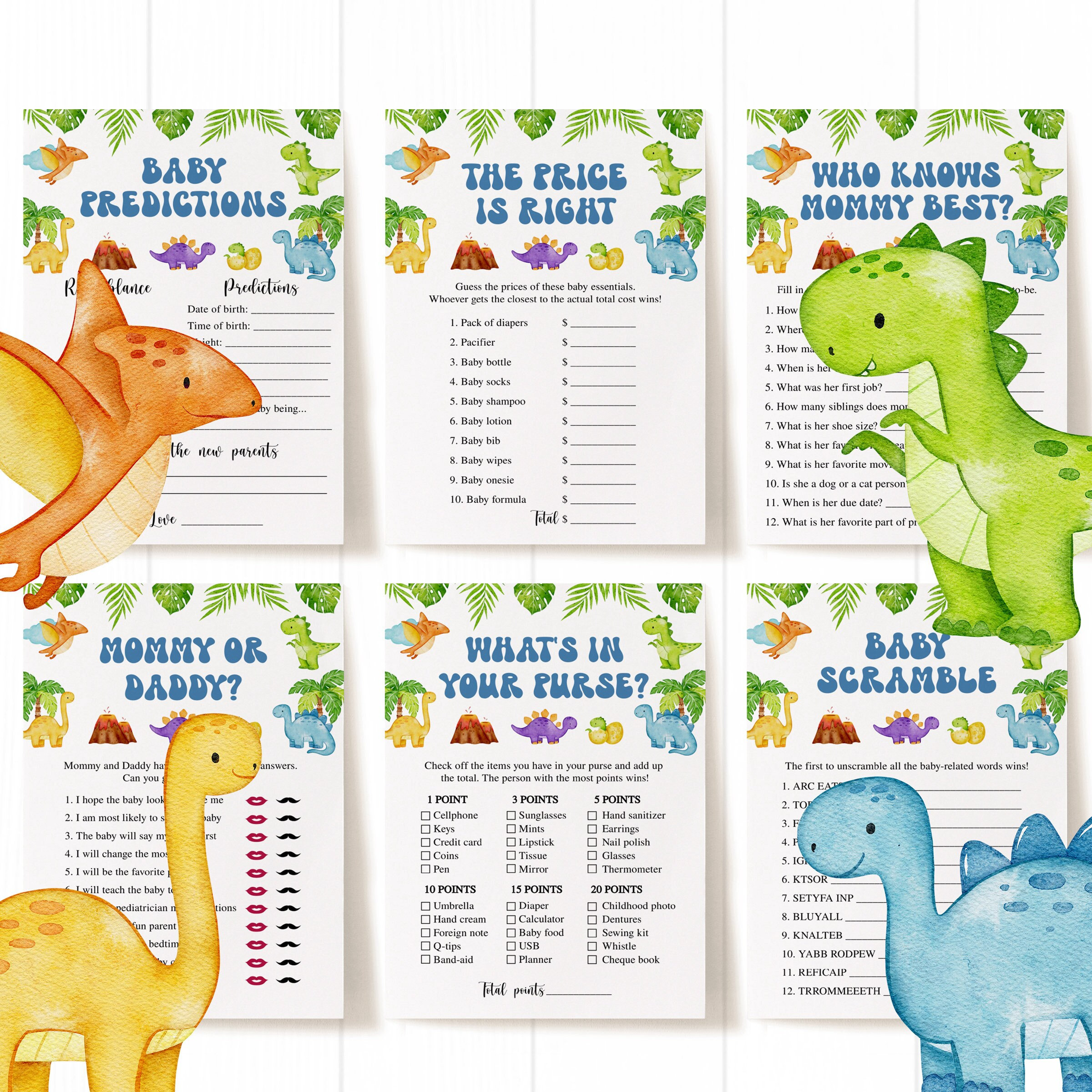 14 Dinosaur Baby Shower Games, Dino Baby Shower Games, Dinosaur Baby Shower, Greenery Baby Shower Games, Boy Baby Shower Games