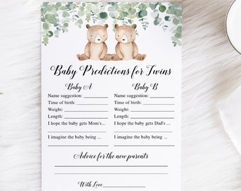 Twins Baby Predictions and Advice Card, Twins Baby Shower Advice Card, Twins Baby Shower Games, Twin Boys Baby Shower Games, It's Twins