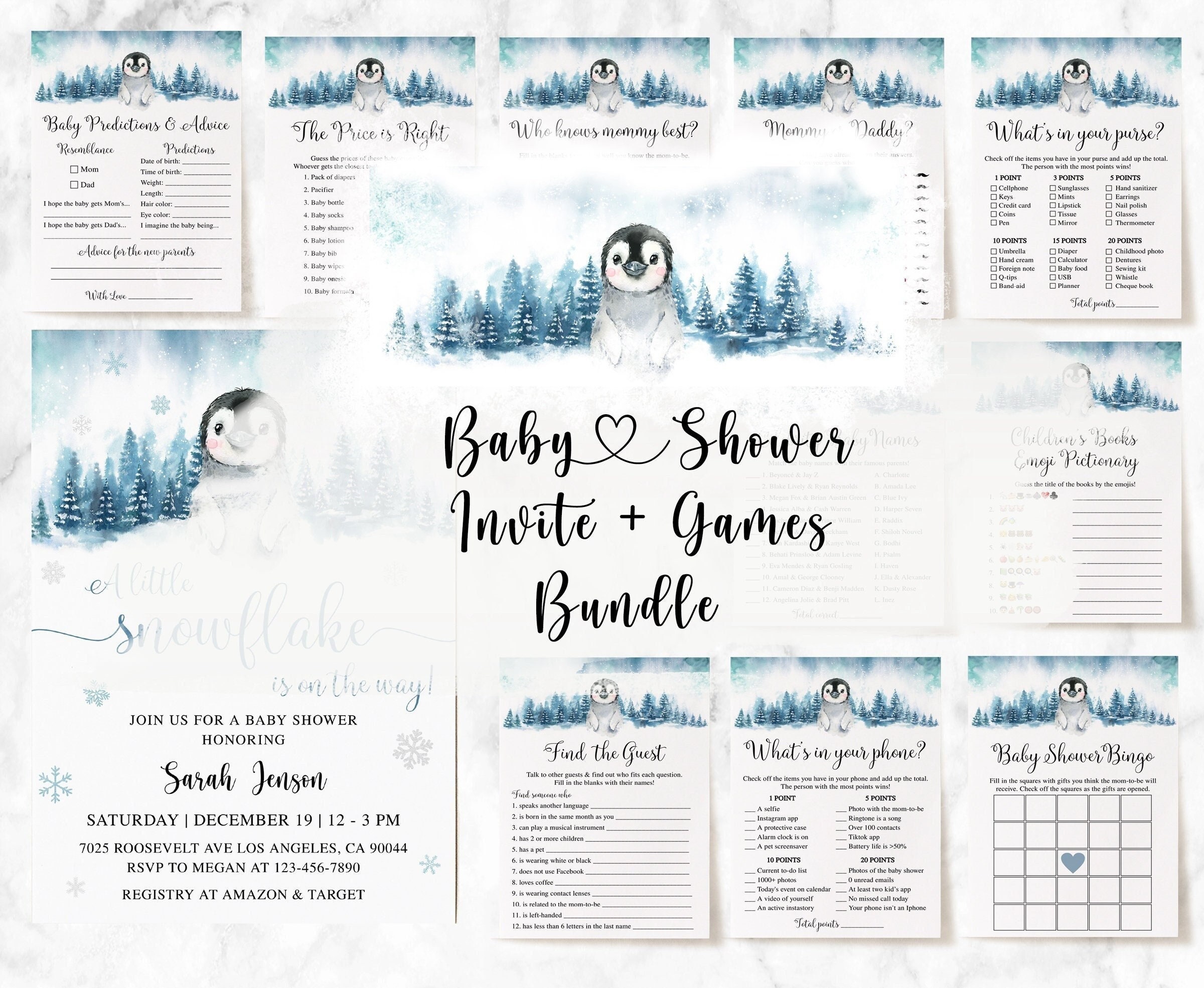 Penguin Baby Shower Bundle, Penguin Baby Shower Invitation, Penguin Baby Shower Games, Snowflake Baby Shower, Baby Shower Boy, Winter Baby