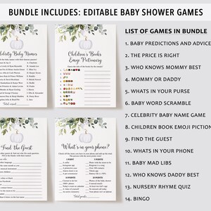 Może przedstawiać: Zestaw edytowalnych gier na baby shower. Projekt przedstawia białą dynię i zielone liście. Gry obejmują Baby Predictions, Emoji Pictionary i Find the Guest. Tekst zawiera listę gier w zestawie.