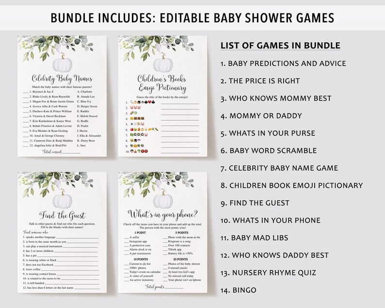 Może przedstawiać: Zestaw edytowalnych gier na baby shower. Projekt przedstawia białą dynię i zielone liście. Gry obejmują Baby Predictions, Emoji Pictionary i Find the Guest. Tekst zawiera listę gier w zestawie.