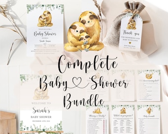 May include: A complete baby shower bundle with a sloth theme. The bundle includes a welcome sign, invitations, thank you tags, and game cards. The cards feature a variety of games, including "Who knows mommy best?", "Mommy or Daddy?", "What's in your purse?", and "Baby Scramble".