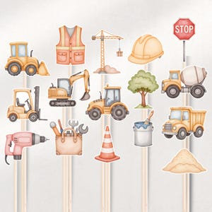 May include: A set of 15 construction themed party props. The props include a yellow bulldozer, a yellow excavator, a yellow forklift, a yellow dumper truck, a yellow cement mixer, a yellow crane, a yellow construction worker vest, a yellow hard hat, a green tree, a paint can with a paintbrush, a traffic cone, a pile of sand, a toolbox with tools, a drill, and a stop sign.