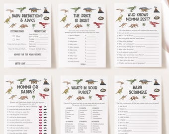 Puede incluir: Seis tarjetas blancas de juegos para baby shower con ilustraciones de dinosaurios y volcanes. Los juegos incluyen "Baby Predictions & Advice", "The Price is Right", "Who Knows Mommy Best?", "Mommy or Daddy?", "What's in Your Purse?" y "Baby Scramble".
