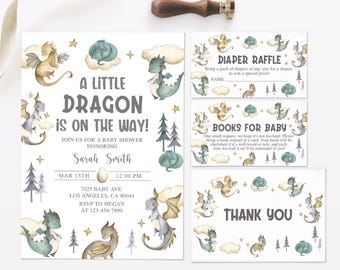 Dragon babyshower uitnodiging, kleine draak babyshower uitnodigen, baby draak babyshower uitnodigen, draak luier loterij, drakenboeken voor baby
