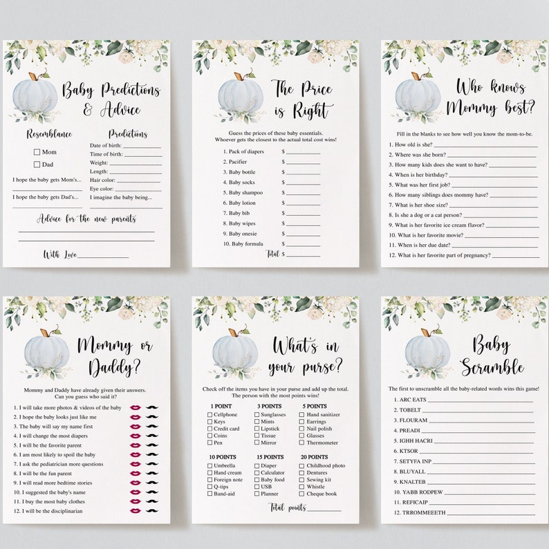 May include: Set of six baby shower game cards with a watercolor pumpkin design. Games include predictions, price guessing, and a baby scramble. Each card has a floral border and text.