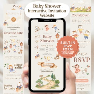 Op de afbeelding: Een smartphone toont een interactieve website voor een babyshower-uitnodiging met aquarelillustraties van sprookjesfiguren, een afteltimer, een RSVP-formulier en evenementdetails op een crèmekleurige achtergrond.