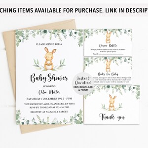 May include: A baby shower invitation with a cute bunny illustration. The invitation is decorated with green eucalyptus leaves and has the text "Please join us for a Baby Shower honoring Chlie Miller" and the date and time of the event. The invitation also includes the address and RSVP information. The invitation is designed in a light green and brown color scheme.